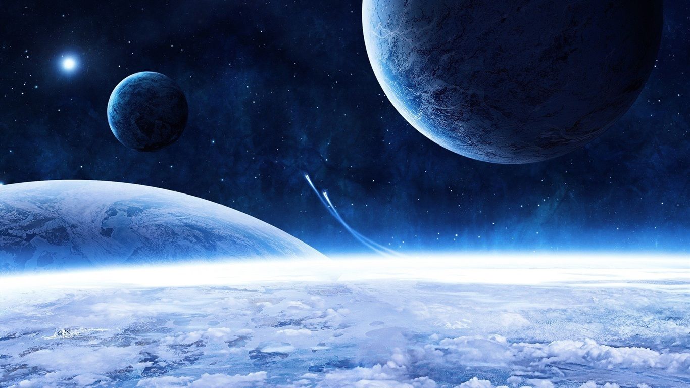 Space ship and blue planet Wallpaper 1366x768 resolution