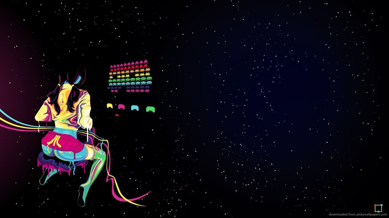 Download 1366x768 Girl Playing Space Invaders Wallpaper