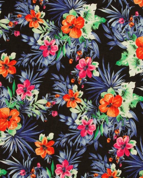 Cotton Lawn Fabric - Tropical Print on Black | Patterns ...