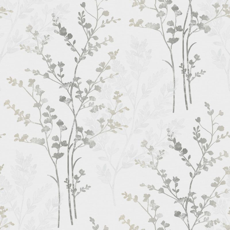 Fern Motif Arthouse Wallpaper in Silver, White and Grey