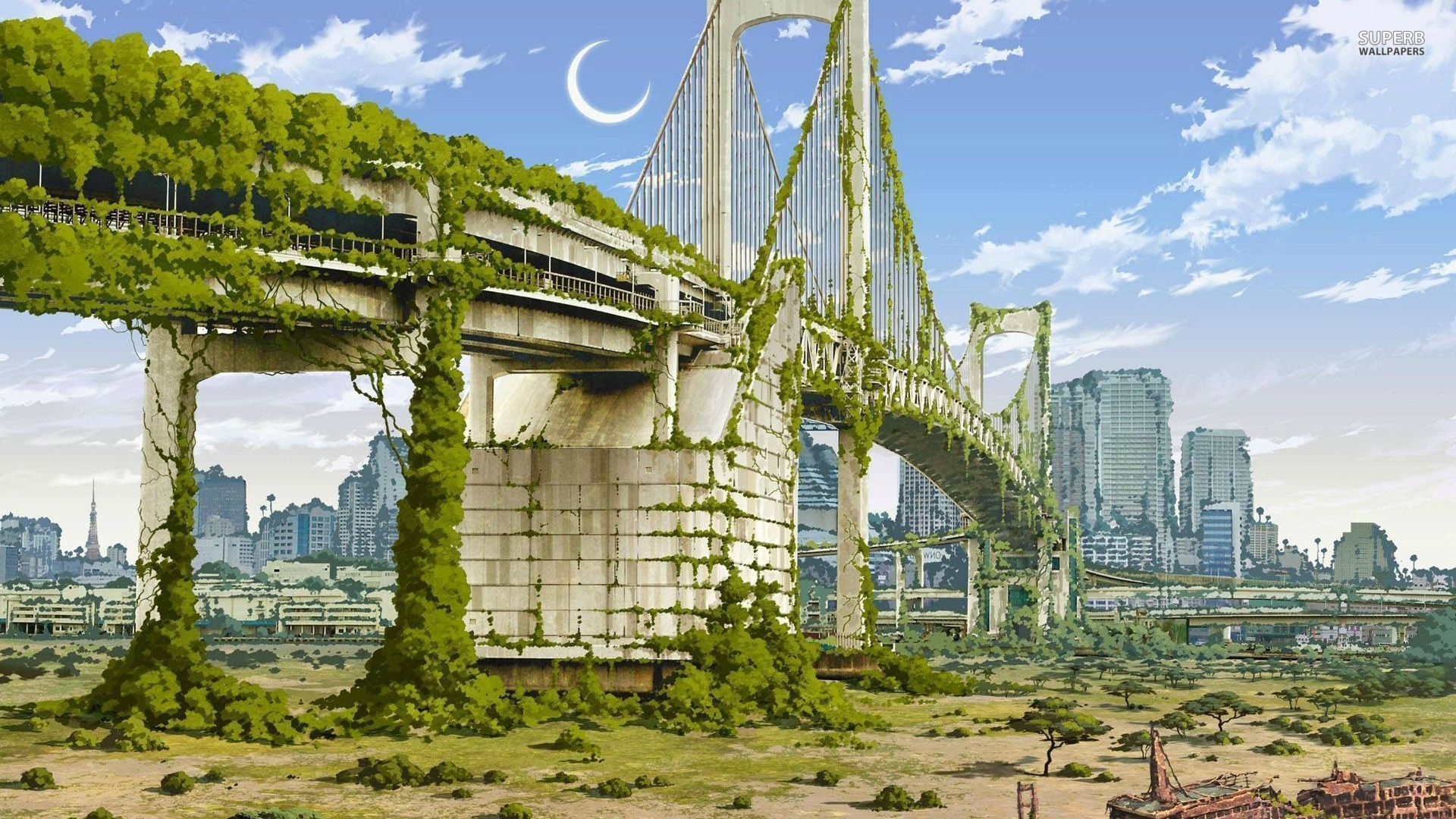 Post-apocalyptic bridge in Tokyo wallpaper - Fantasy wallpapers ...