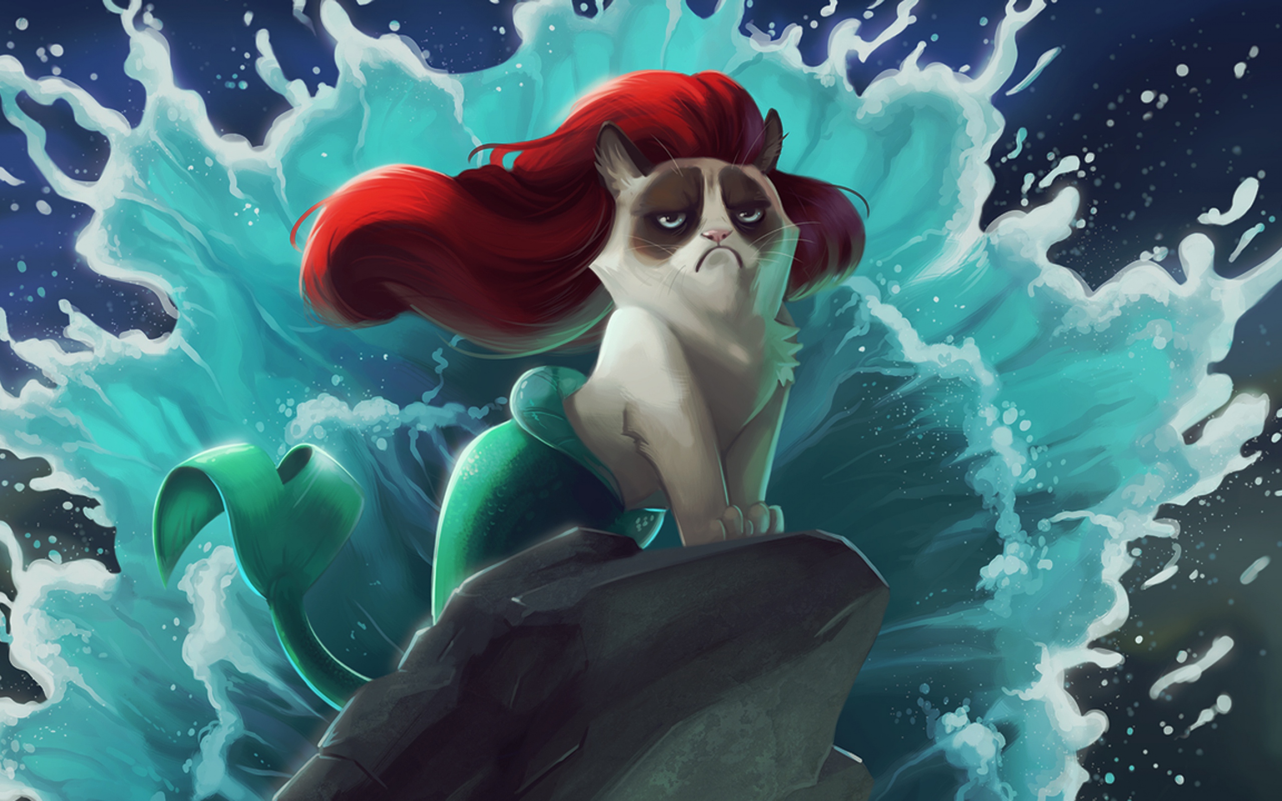Download Wallpaper 2560x1600 Cat, Mermaid, Cartoon, Grumpy cat