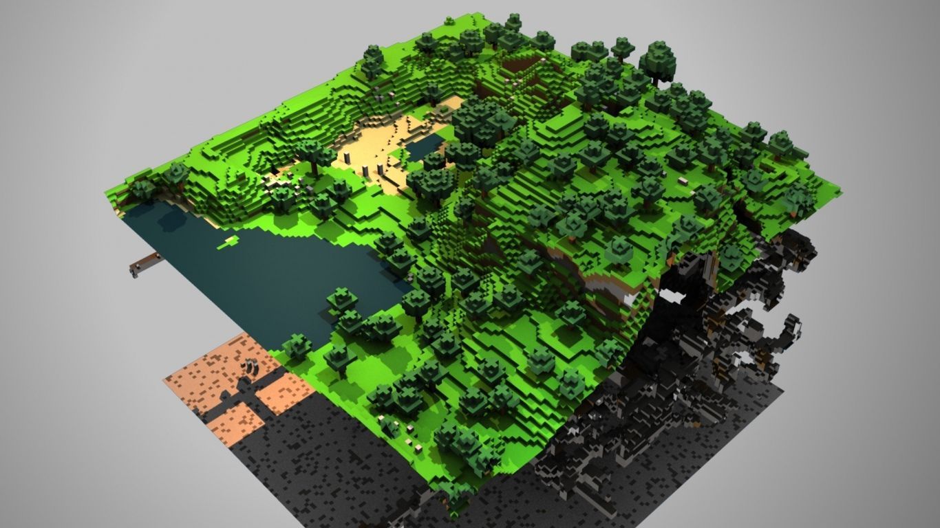 Download Wallpaper 1366x768 Minecraft, Ground, Trees, Lake laptop ...