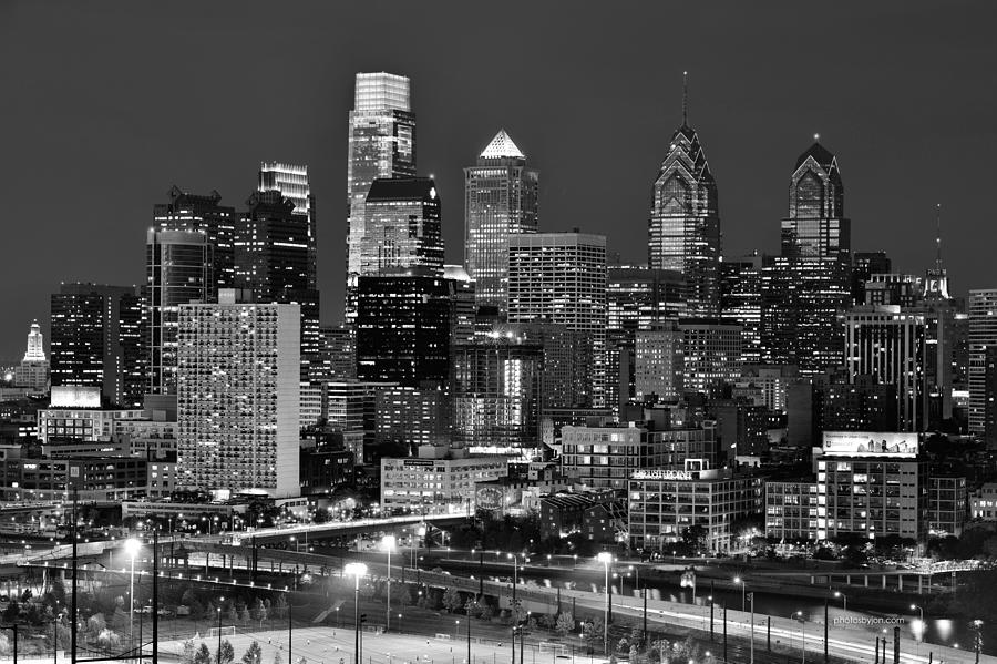 Philadelphia Skyline At Night Black And White Bw Photograph by Jon ...