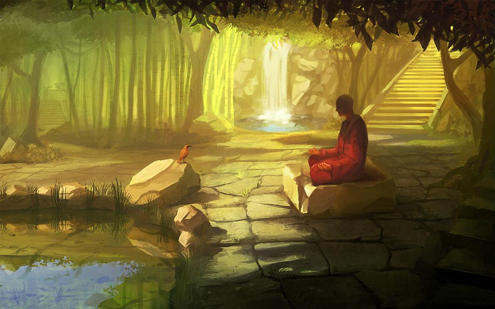 Bamboo, rocks, ponds, stairways, zen, digital art, artwork, monk
