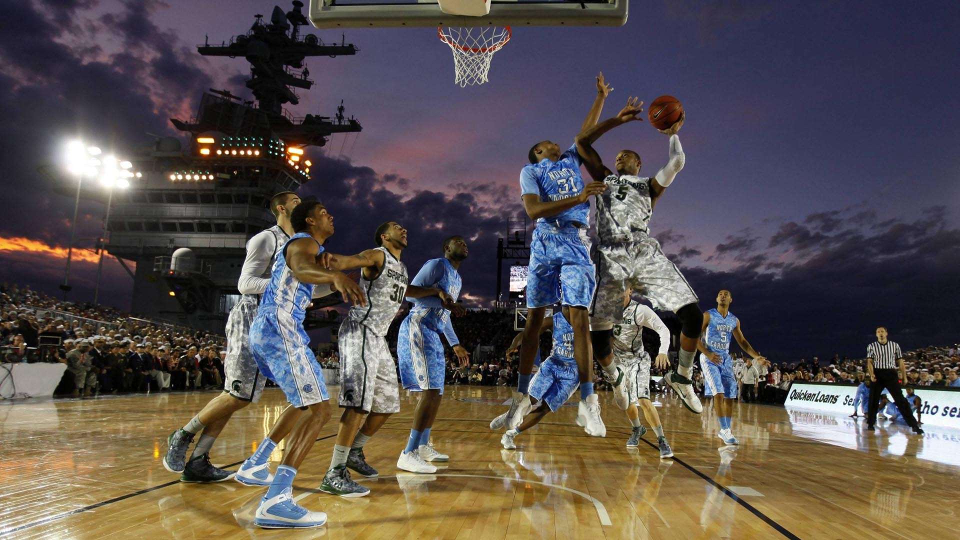 College basketball game on an aircraft carrier HD Wallpaper