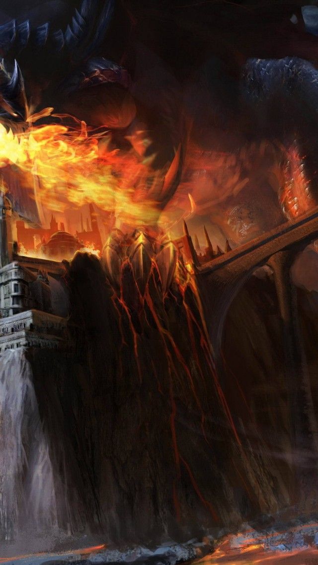 Dragon Wallpaper, Art: Dragon, black, fire, castle, bridge, lava ...