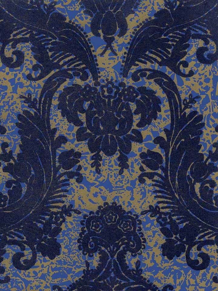 Victorian Flocked Velvet Wallpaper - Blue on Gold / Blue FLK 109