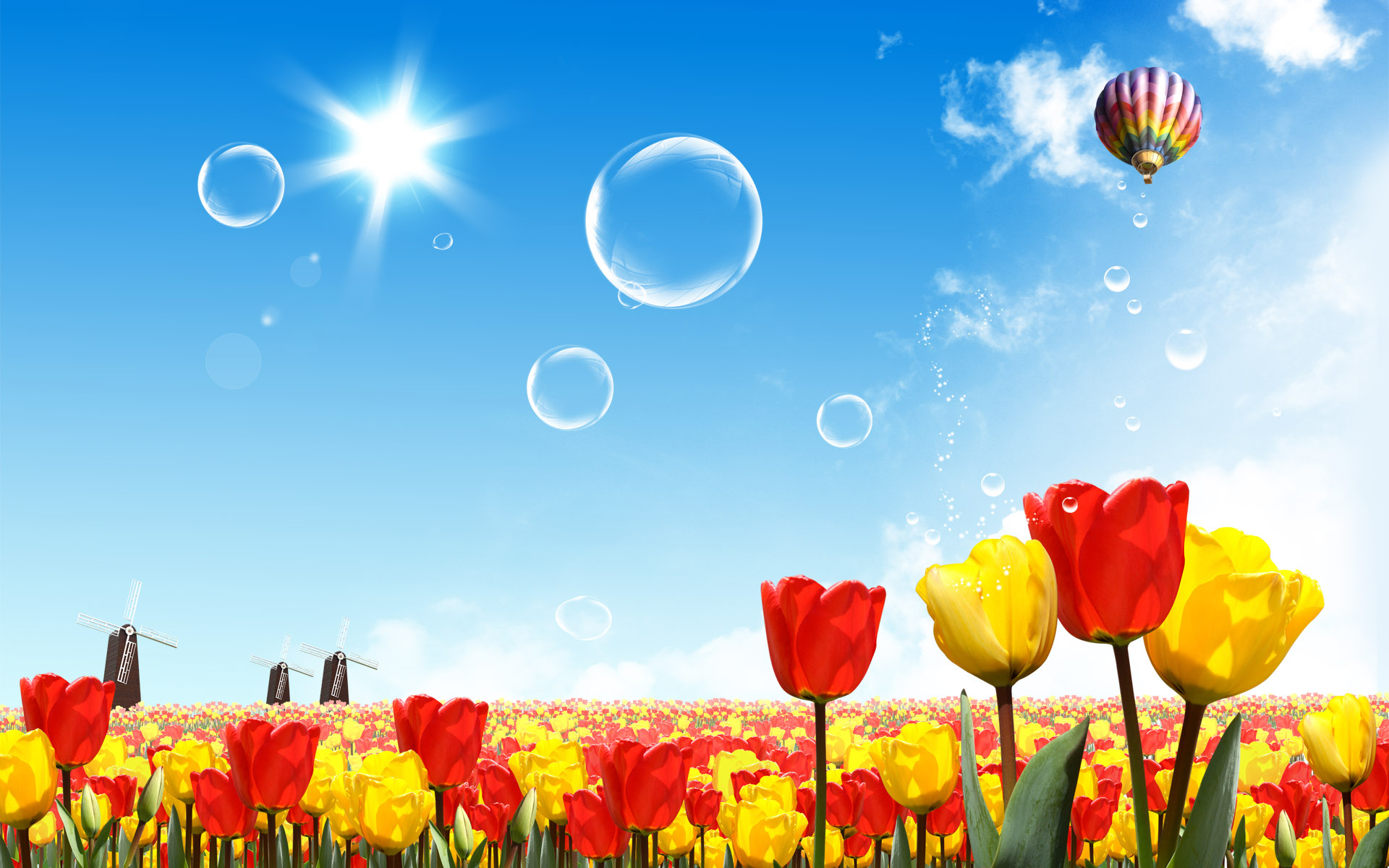 Tulip field, balloon, sun, bubble, artistic, 1920x1200 HD ...
