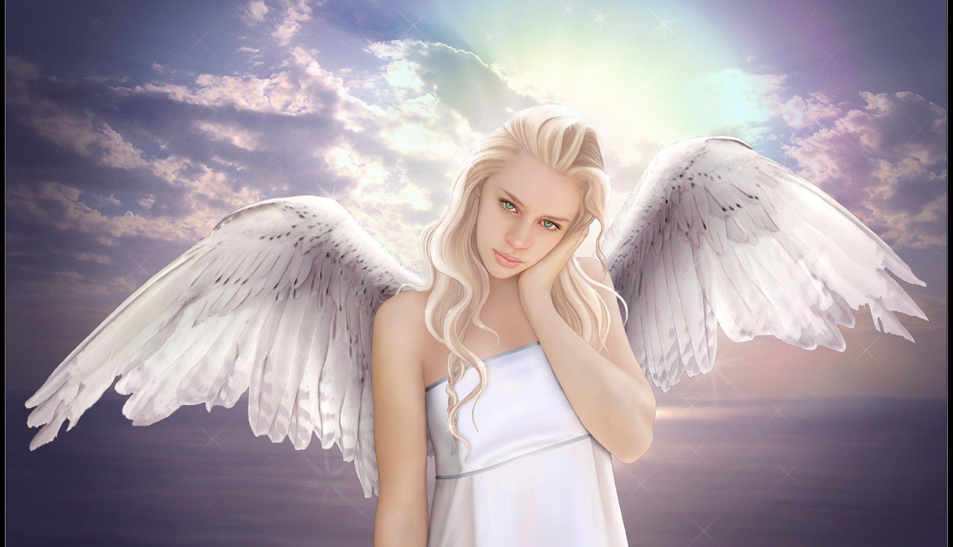 Angel blonde girl sky sun clouds dress sea wings wallpaper ...
