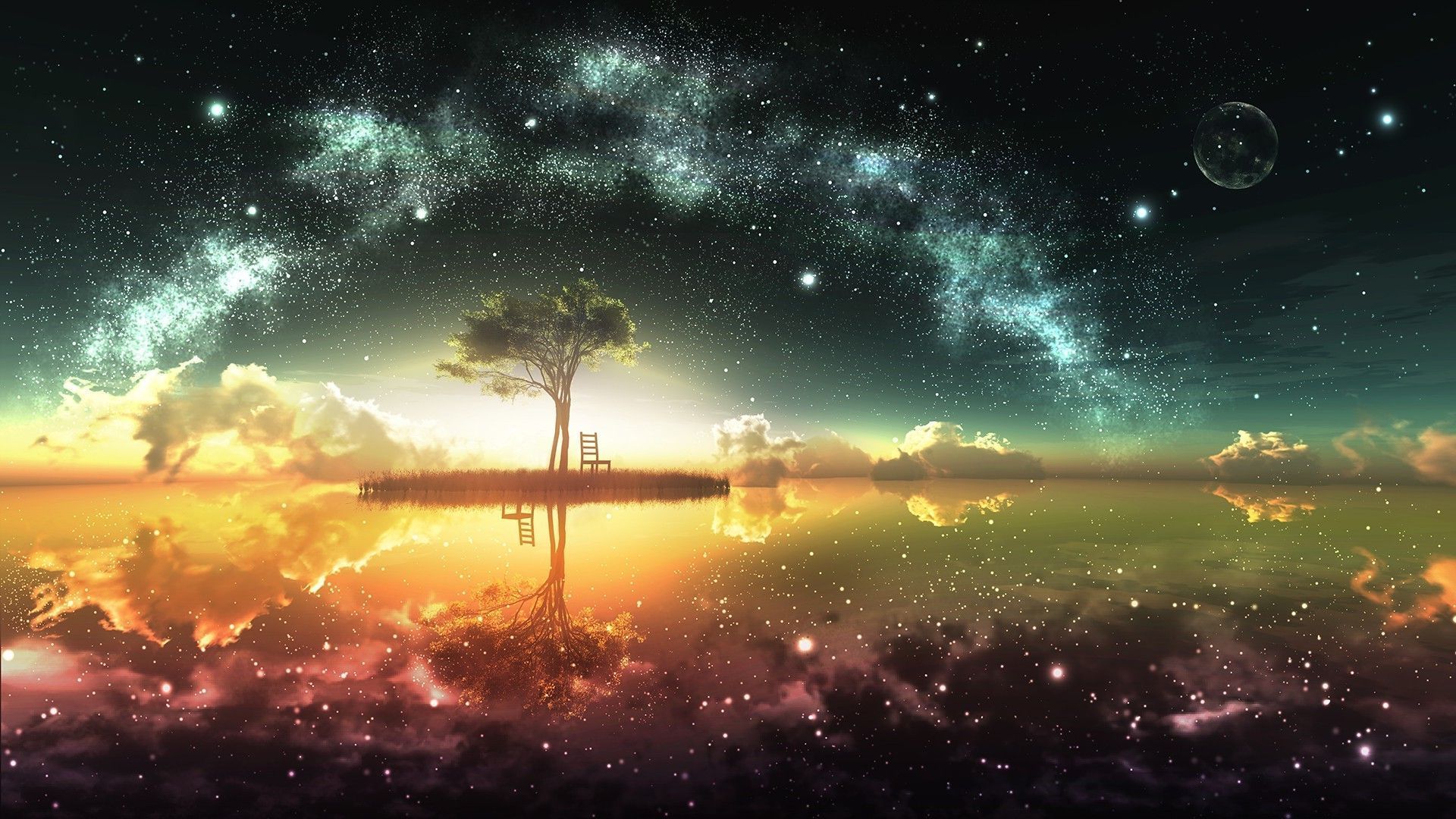 Small island under the colorful night sky, lake, chair, tree, star ...