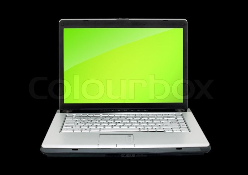 Open laptop showing keyboard and screen isolated on black ...