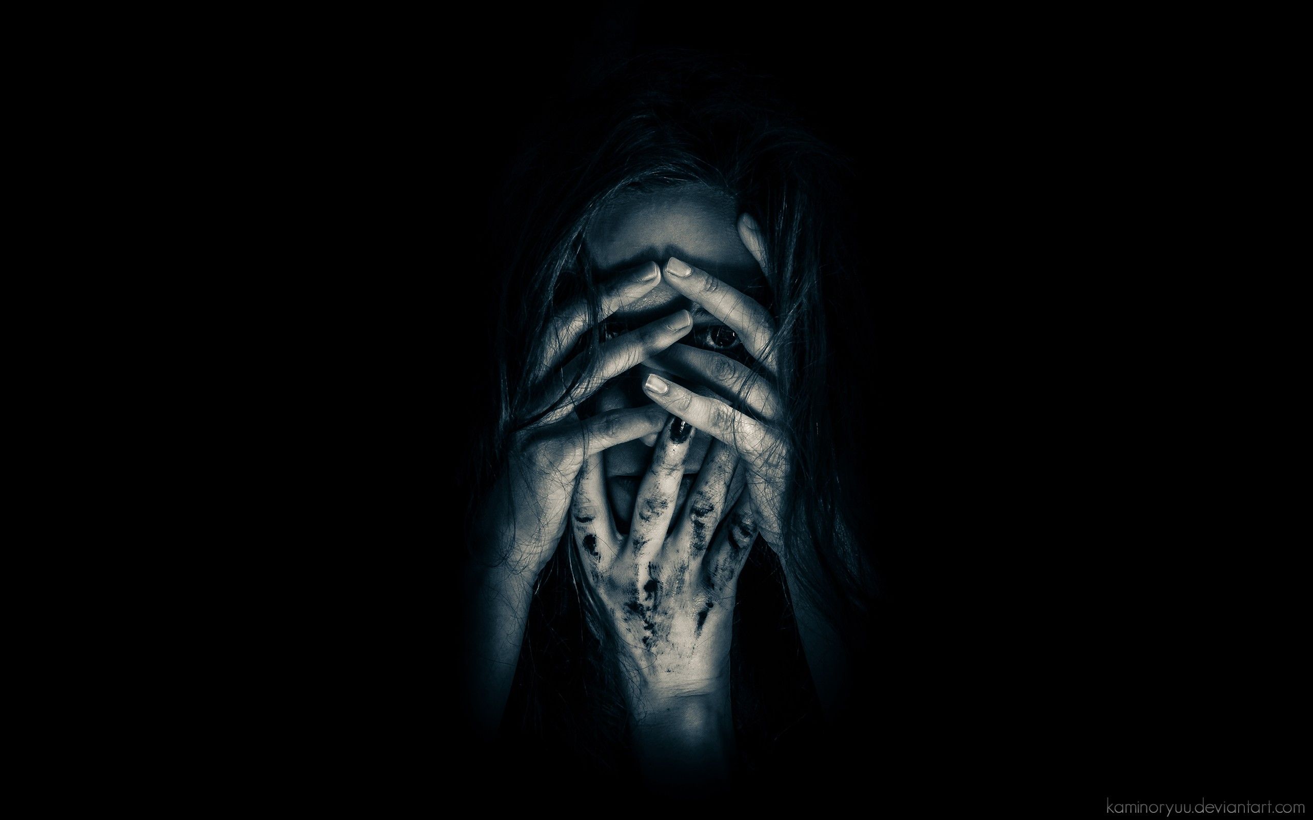 Women, horror, creepy, eyes, black, dark, wall, hands Backgrounds