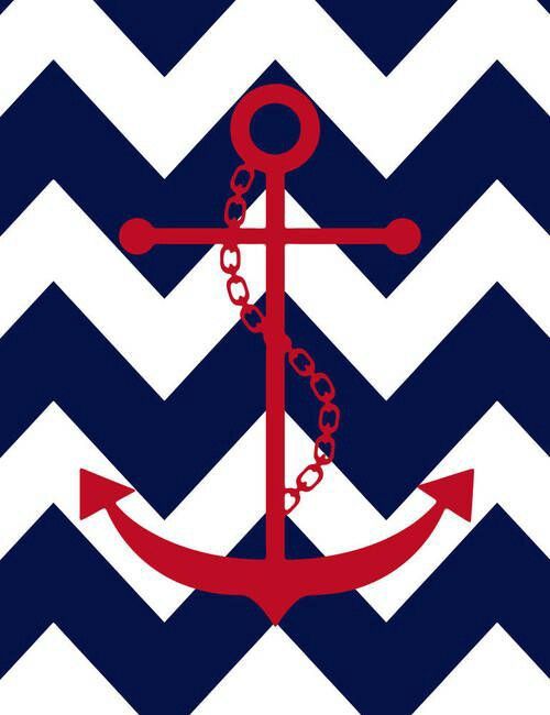 Navy blue and white chevron wallpaper with red anchor ...