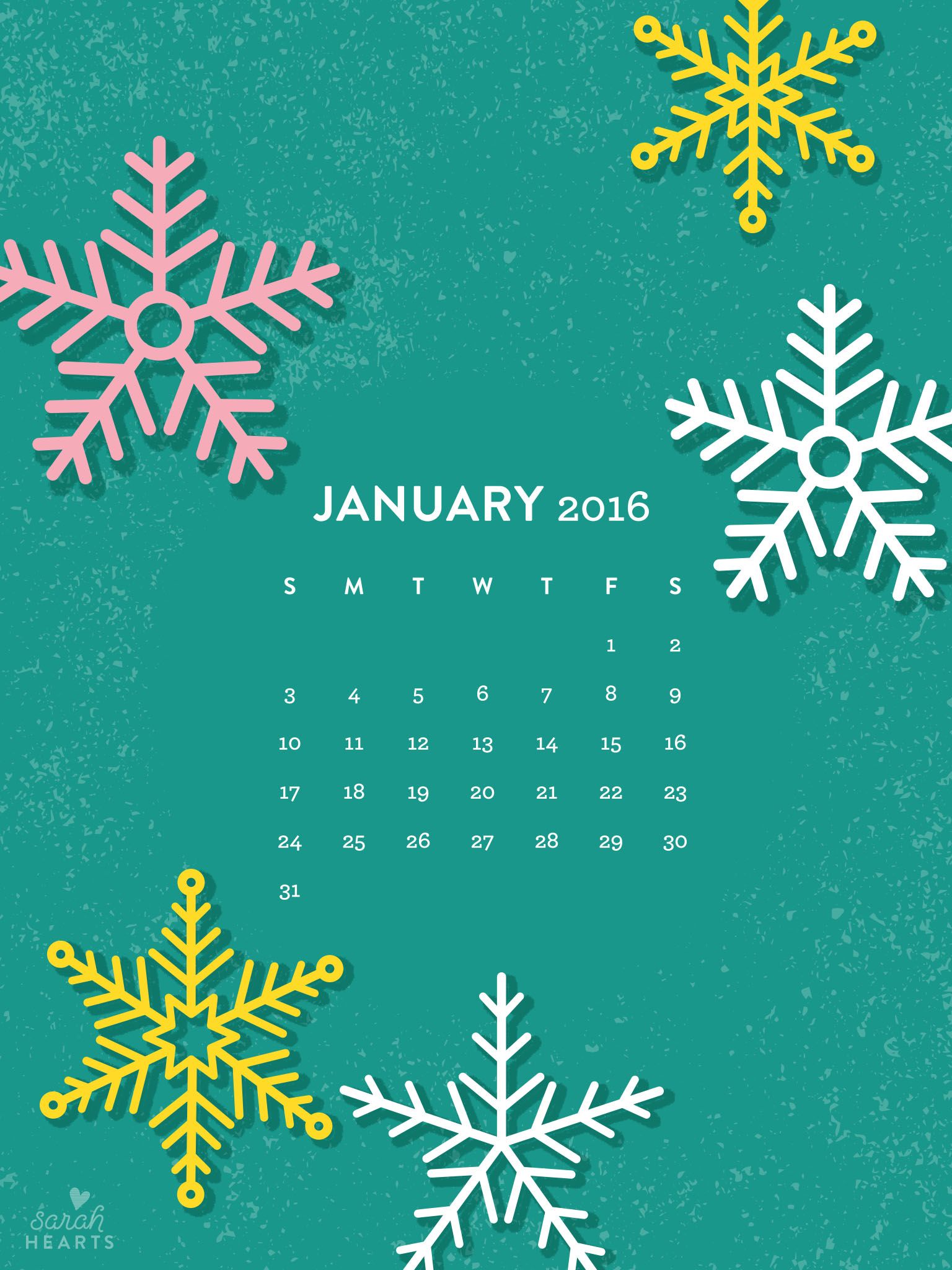 January 2016 Calendar Wallpaper - Sarah Hearts