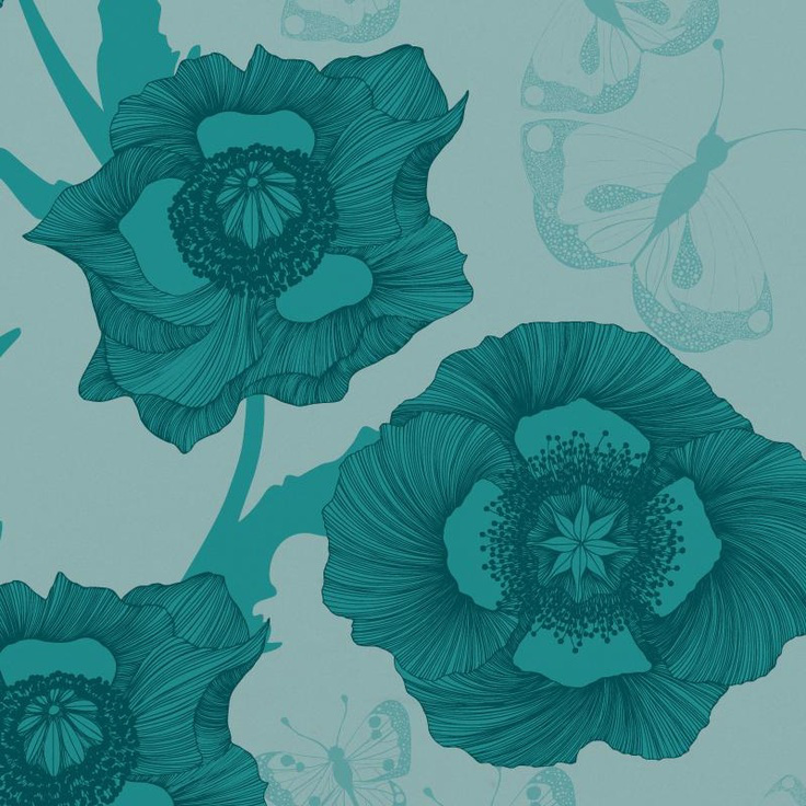 Poppy Flower Turquoise Artisanal Wallpaper from The Wallpaper
