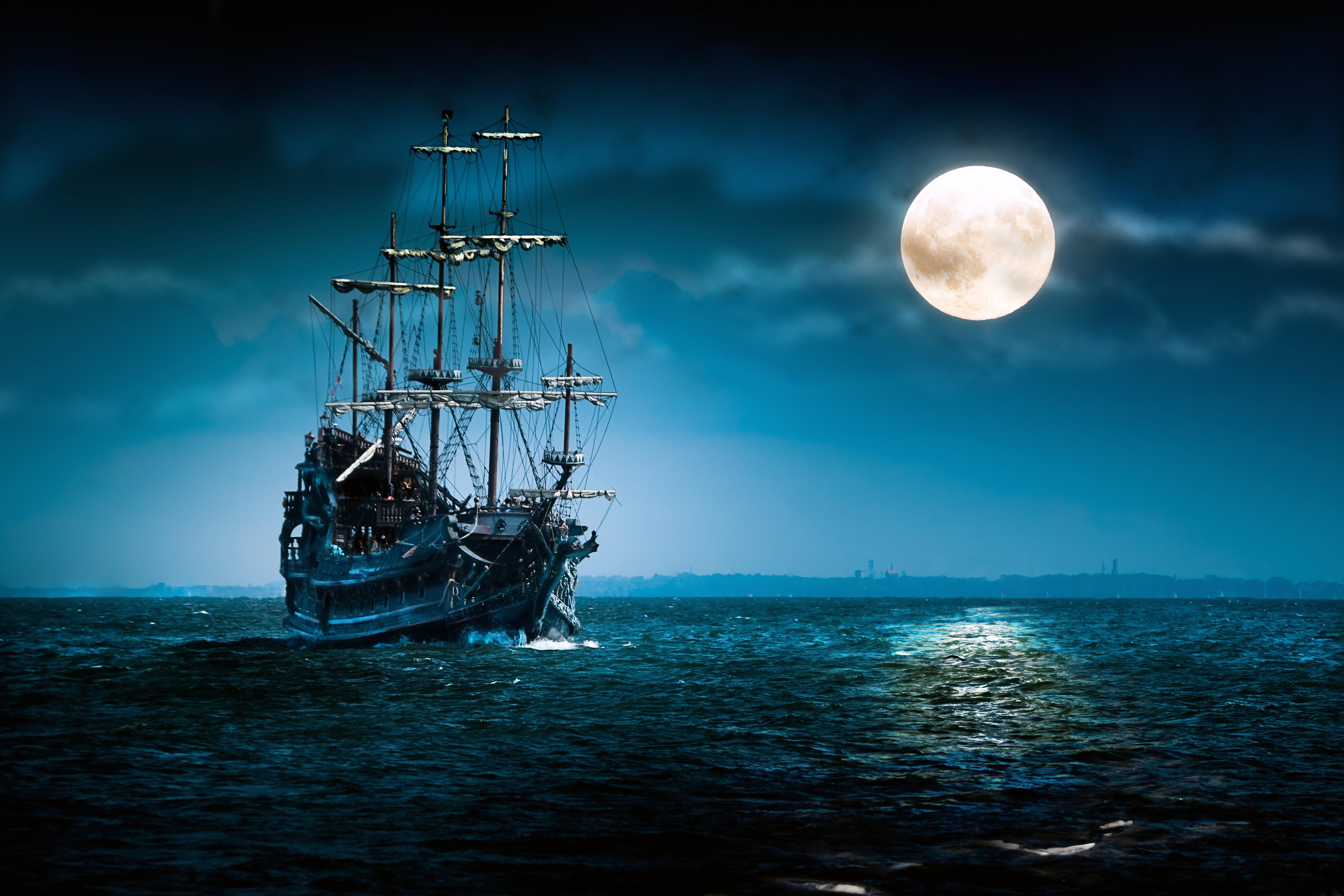 Fantasy Pirate Ship In Open Ocean - Wallpaper