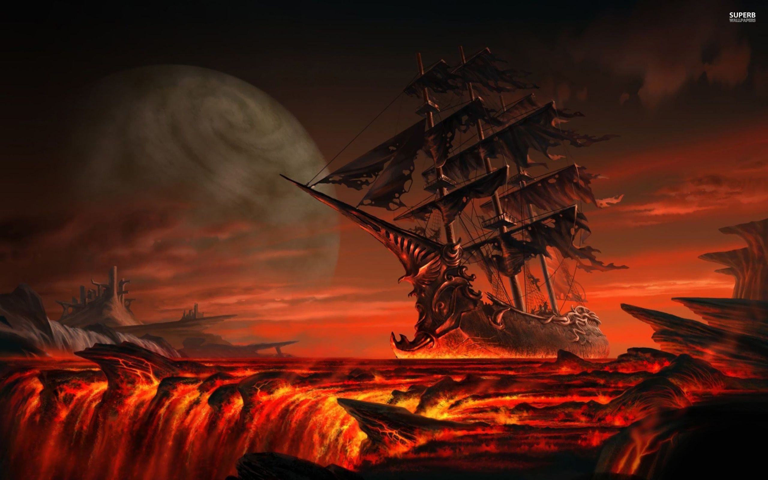 Ghost ship floating on lava wallpaper - Fantasy wallpapers - #22554