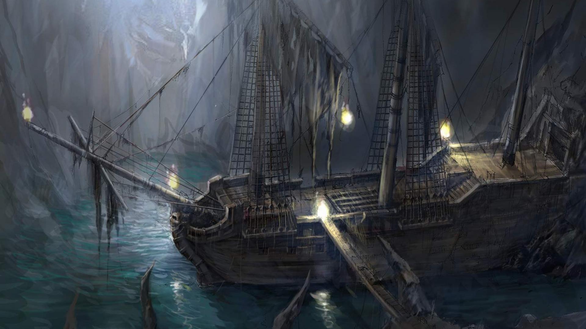 pirate ship derelict deep water horror lights hd wallpaper - (#358 ...