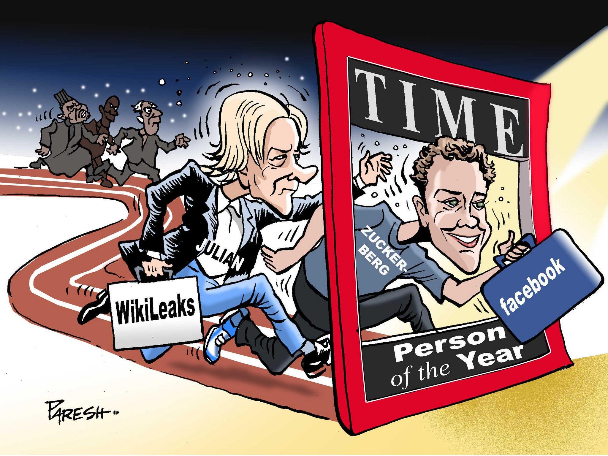 Editorial cartoons Our Man of the Year, Julian Assange, ruins
