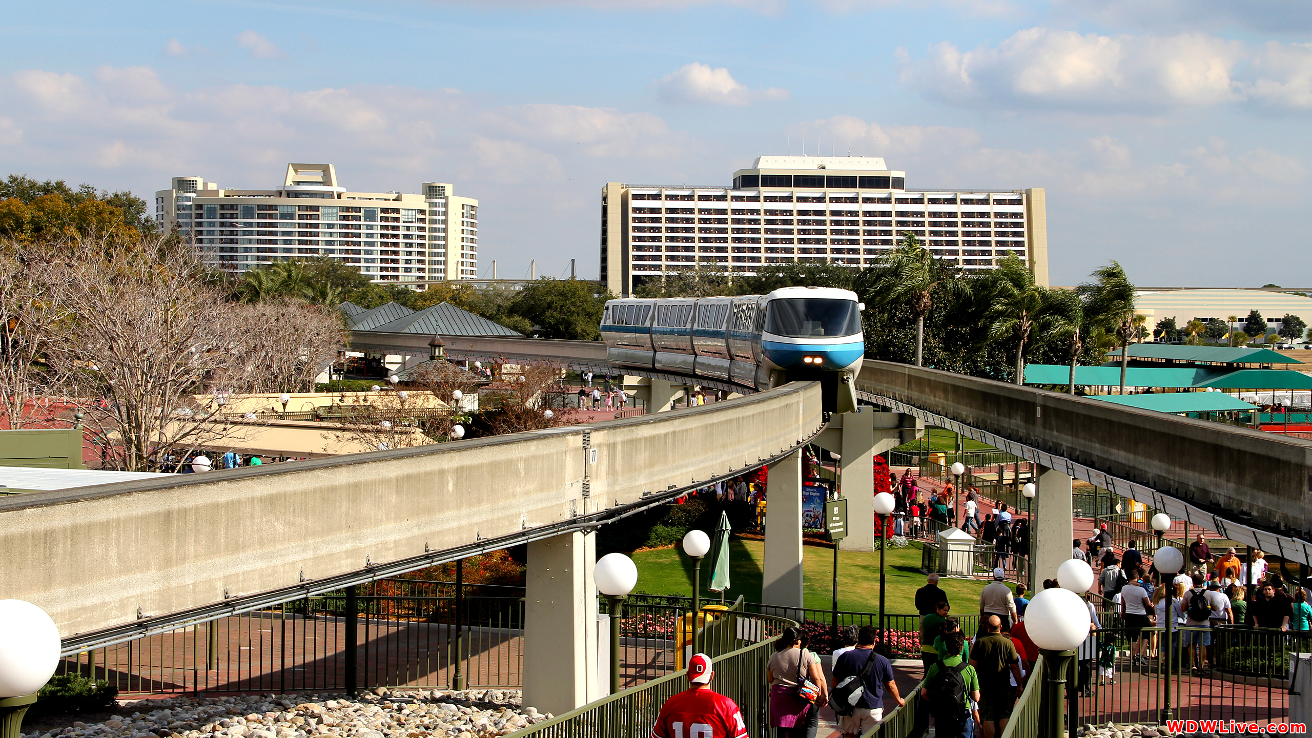 Monorail: The blue Monorail arriving at the Magic Kingdom station.