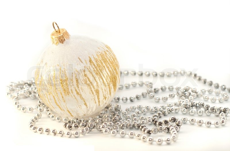 Christmas decoration white gold ball and garland on white stock photo