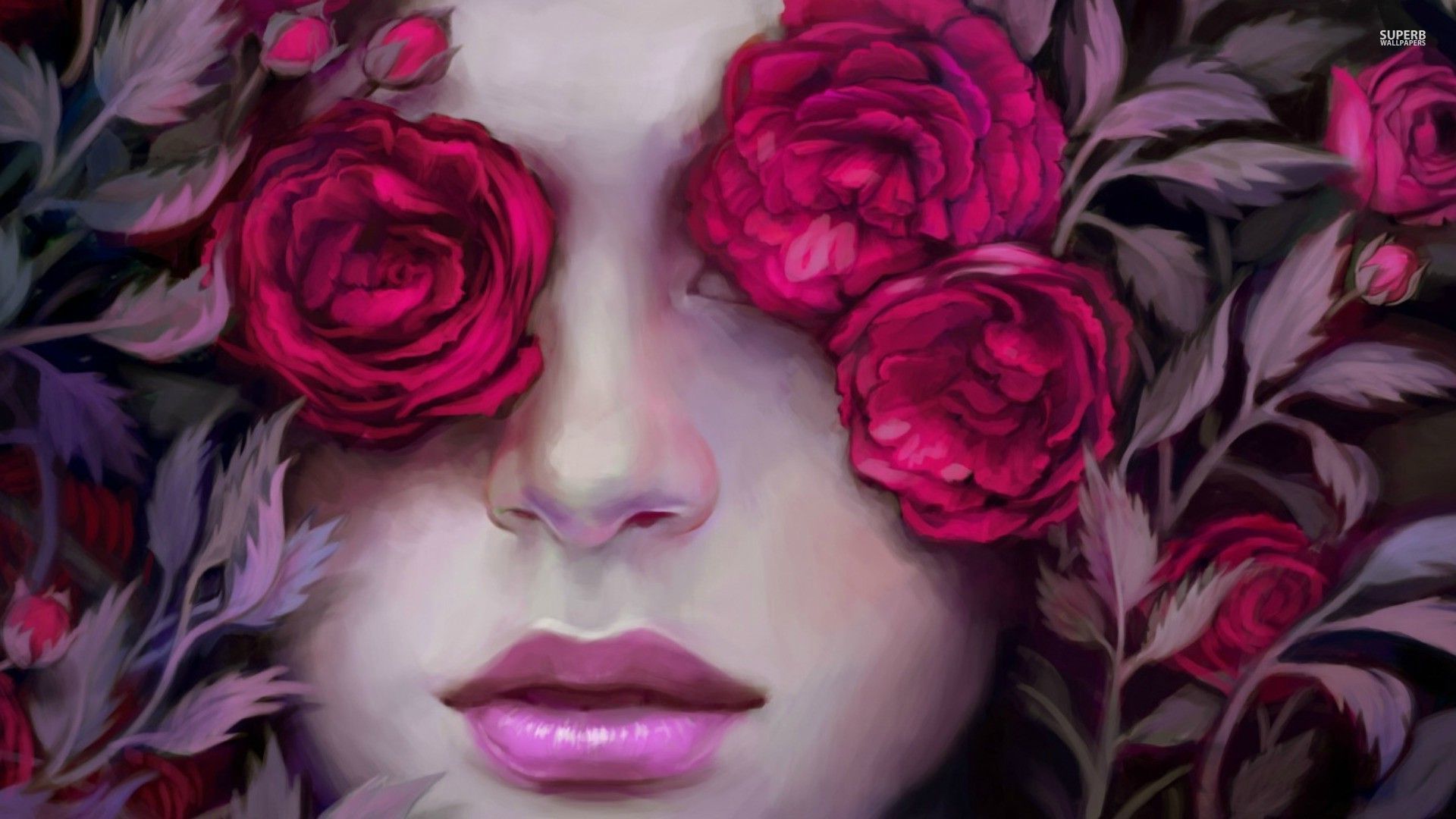 Woman hiding behind pink roses wallpaper - Artistic wallpapers