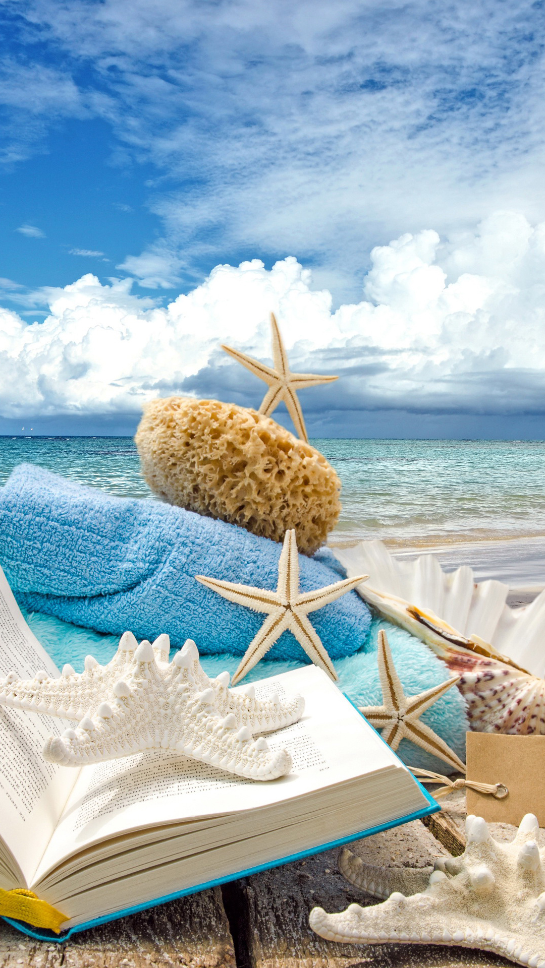 Summer Beach Book Seashells Sea Stars Android Wallpaper free download
