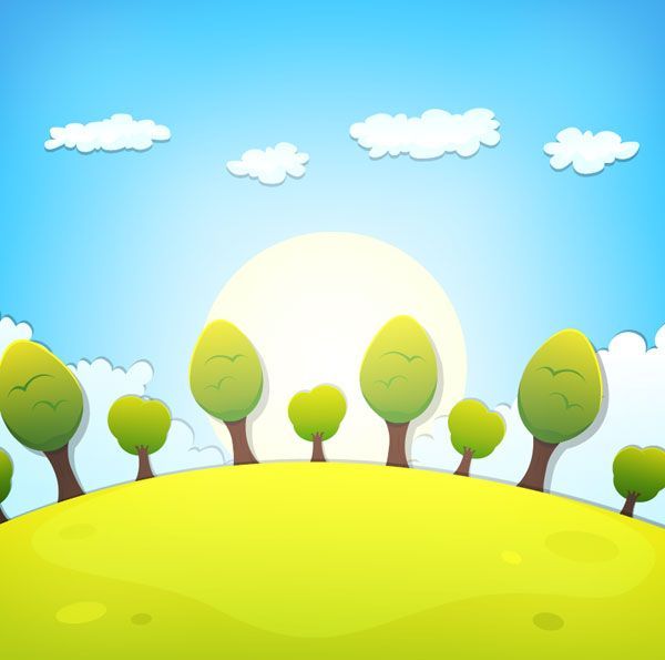 Cartoon tree and clouds scenery background vector - Vector