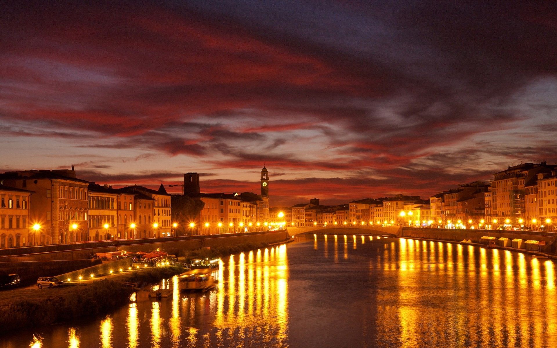 Download Wallpaper 1920x1200 Spain, river, City lights, Evening