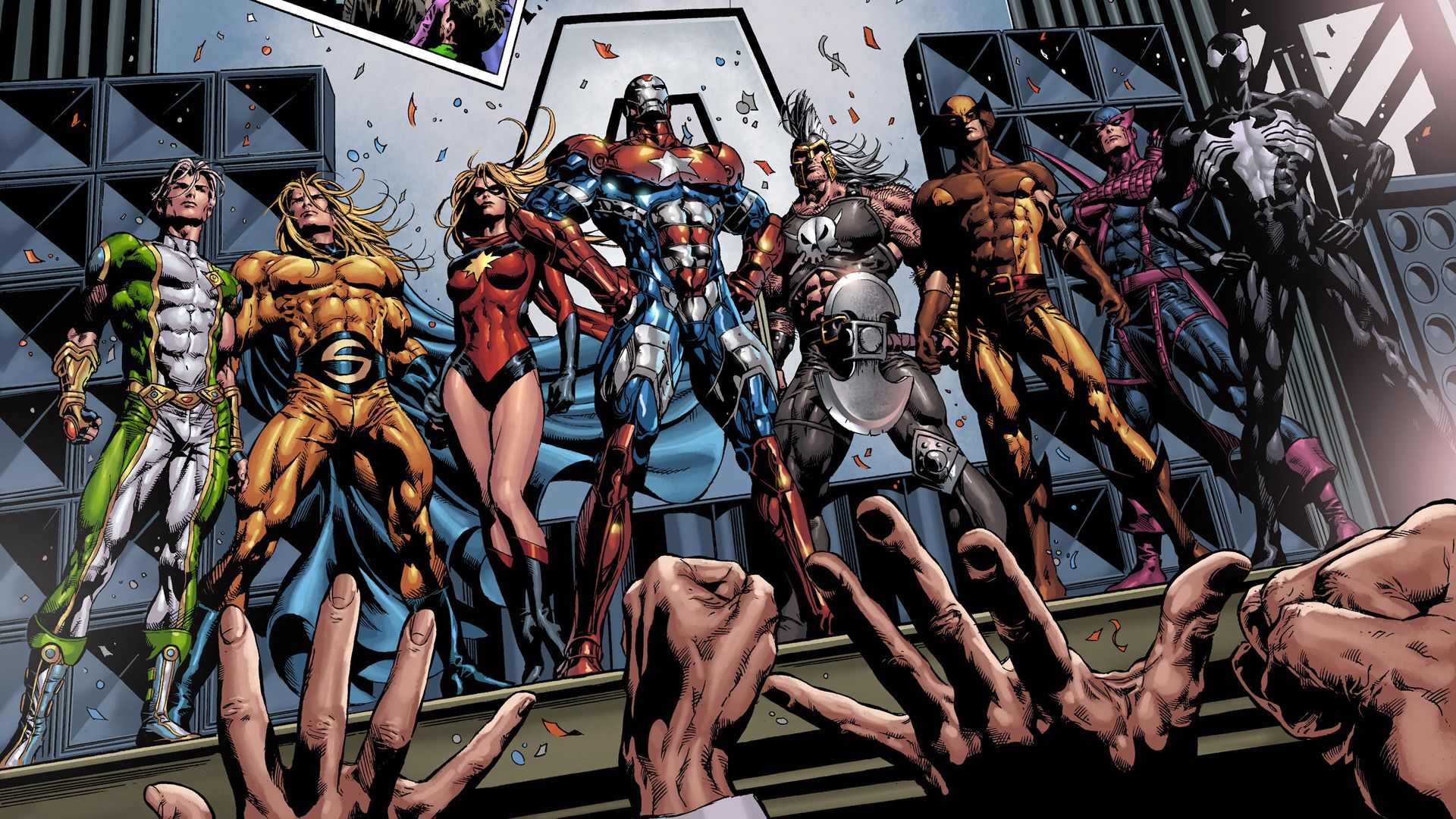 Marvel superheroes, venom, wolverine, hawkeye, sentry, ares, iron