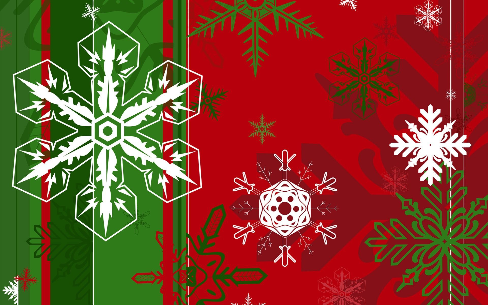 Snowflakes of different shapes on the green and red background on ...