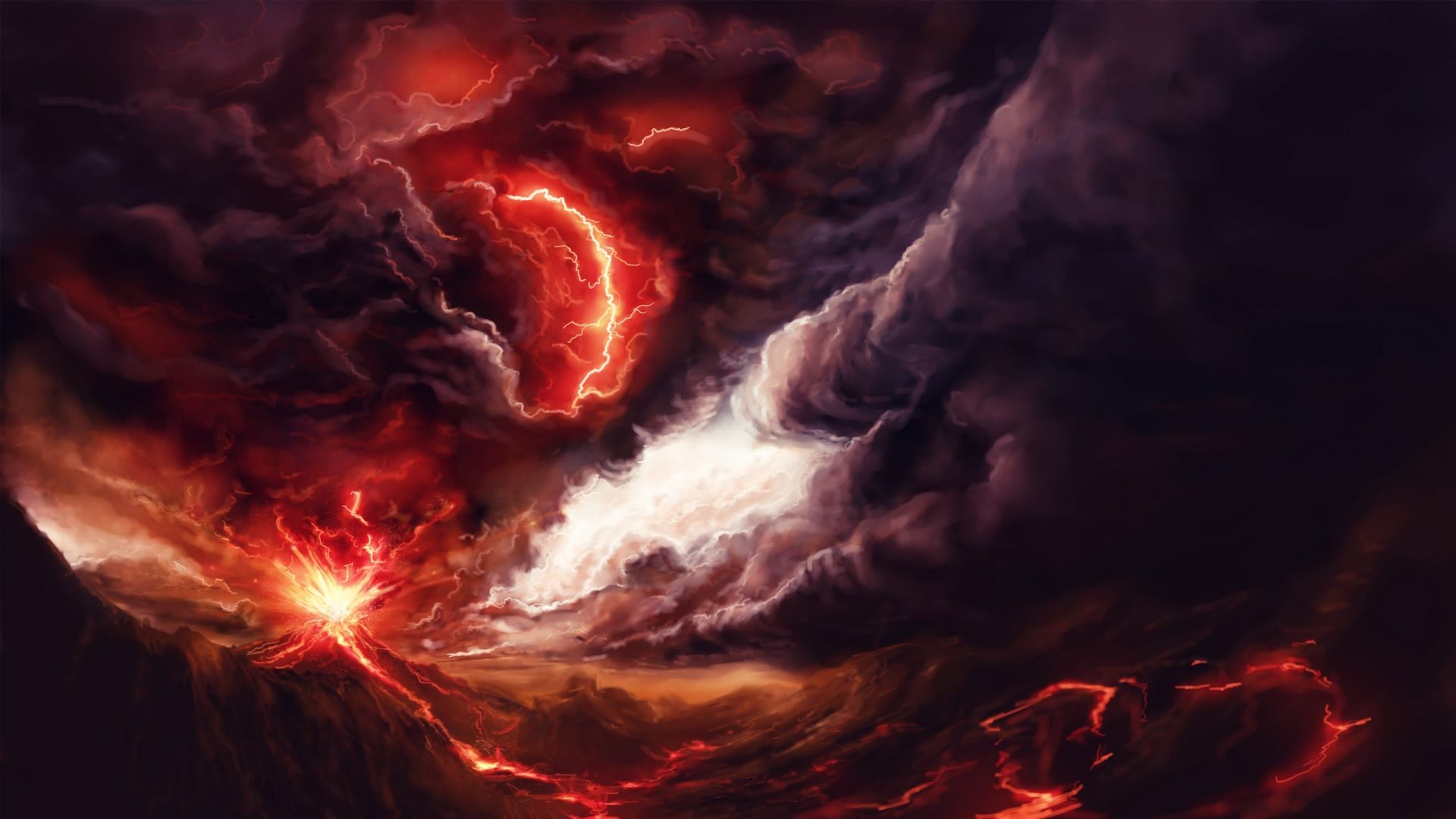 Art volcano explosion fire smoke mountains lightning storm ...