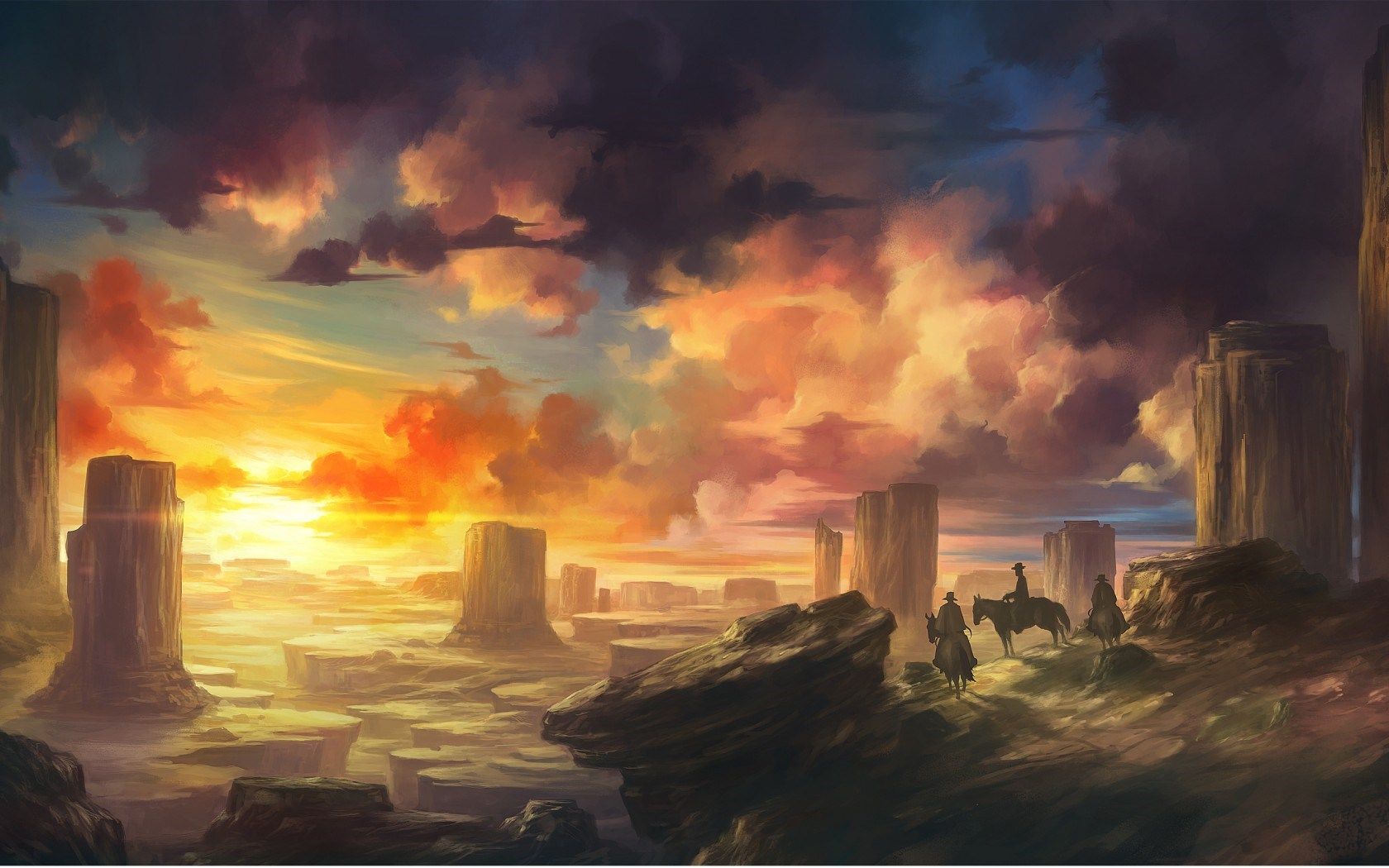 Landscape, rocks, horses, riders, wild, west, sunset, anime wallpapers
