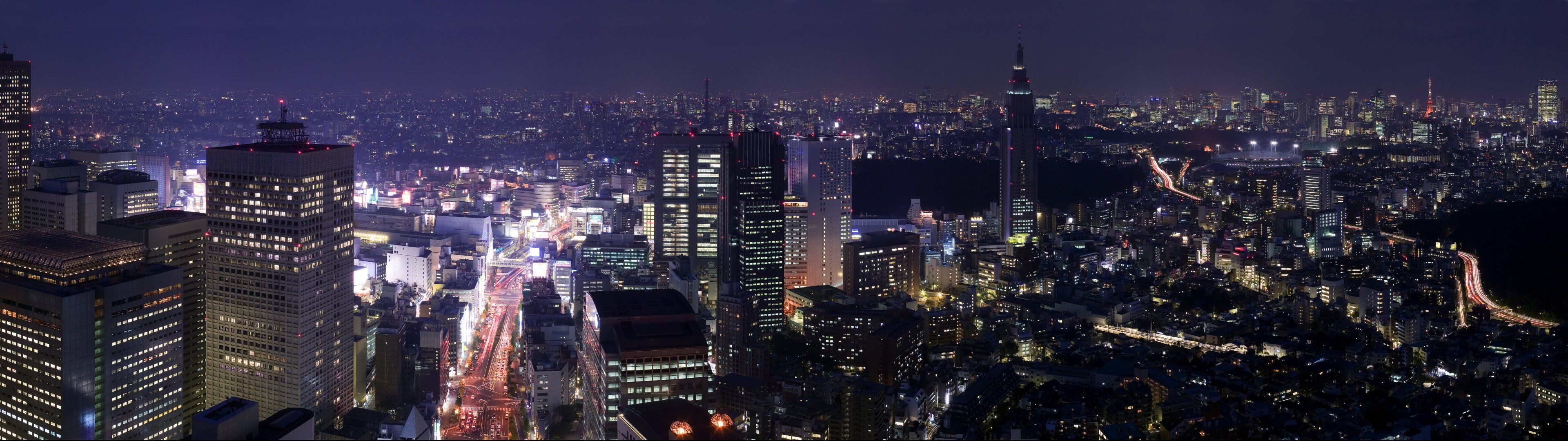 Cityscapes night buildings city skyline wallpaper | 3840x1080 ...