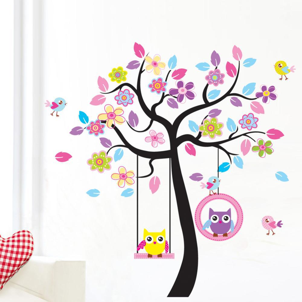 Large Size Wallpaper Colored Trees Animal Cartoon Owl Kids Room