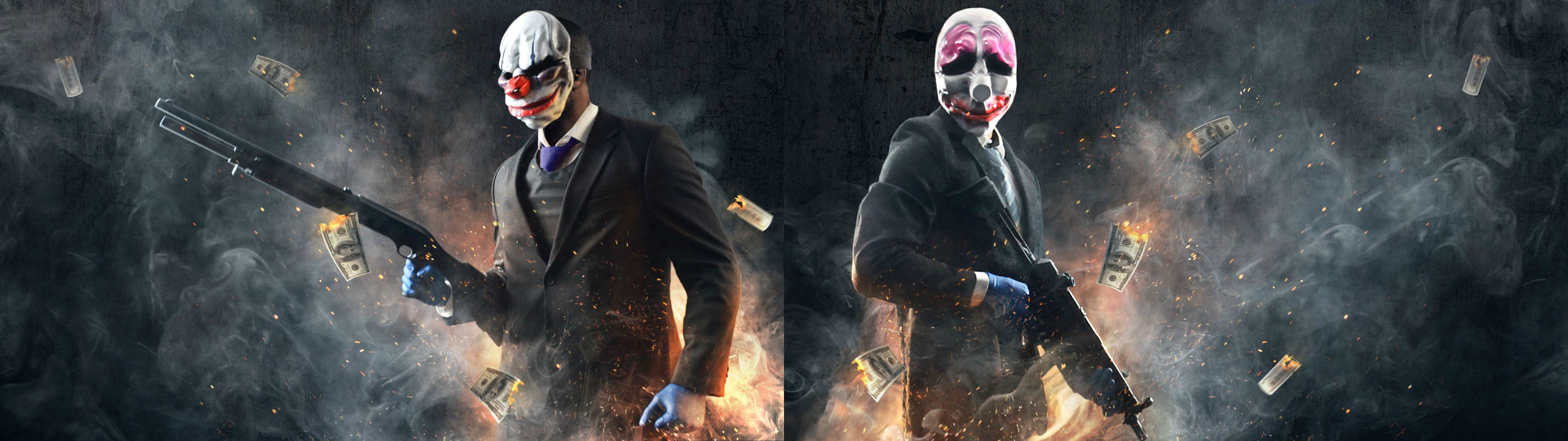 A Payday 2 dual monitor wallpaper i made from steam cards ...
