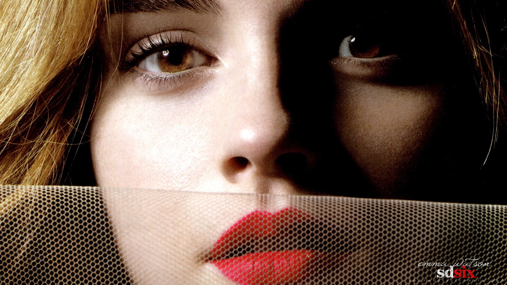 wallpaper Emma Watson Half Face Covered by Net Red Lips Wallpaper ...