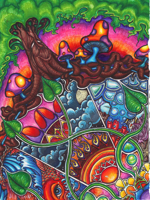 Art, colorful, shrooms, tree, trippy - image on Favim.com