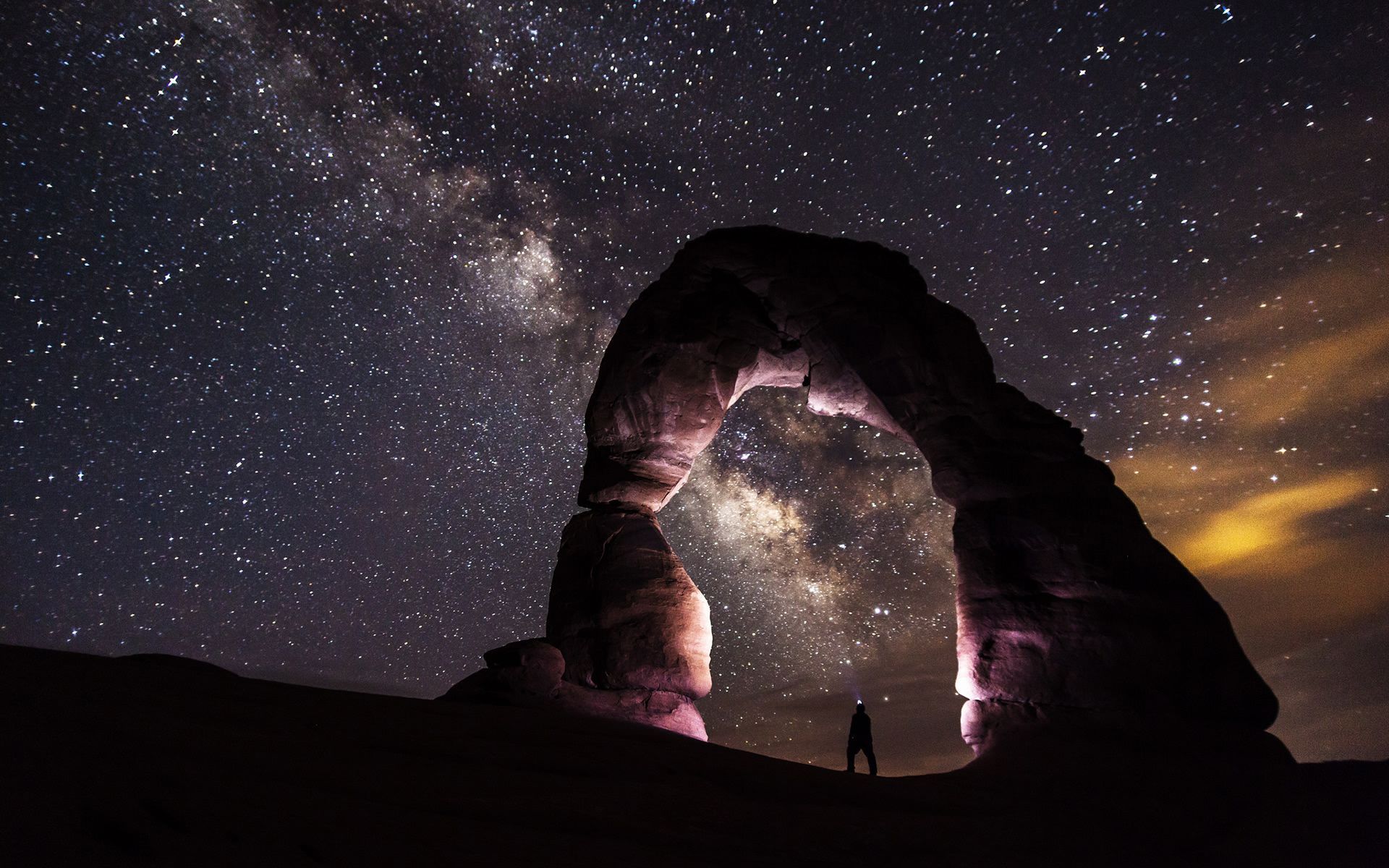 Arch Person Night Stars Galaxy Milky Way Rocks Stones wallpaper