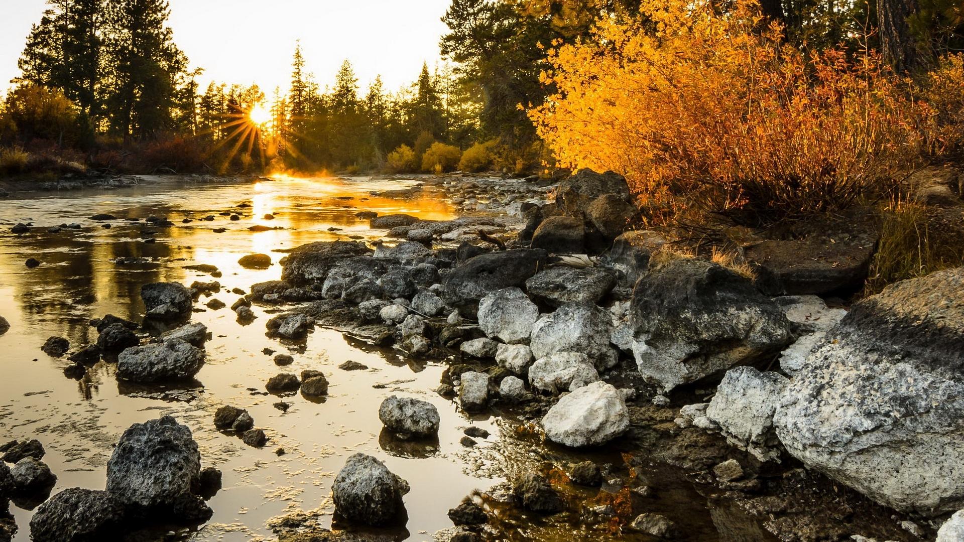 Fall Sky River Rock Autumn Tree Nature Rocky river HD Wallpapers ...