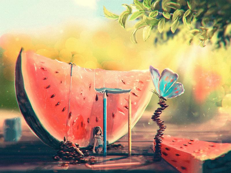 Summer, watermelon, girl, butterfly, art painting wallpaper,Summer