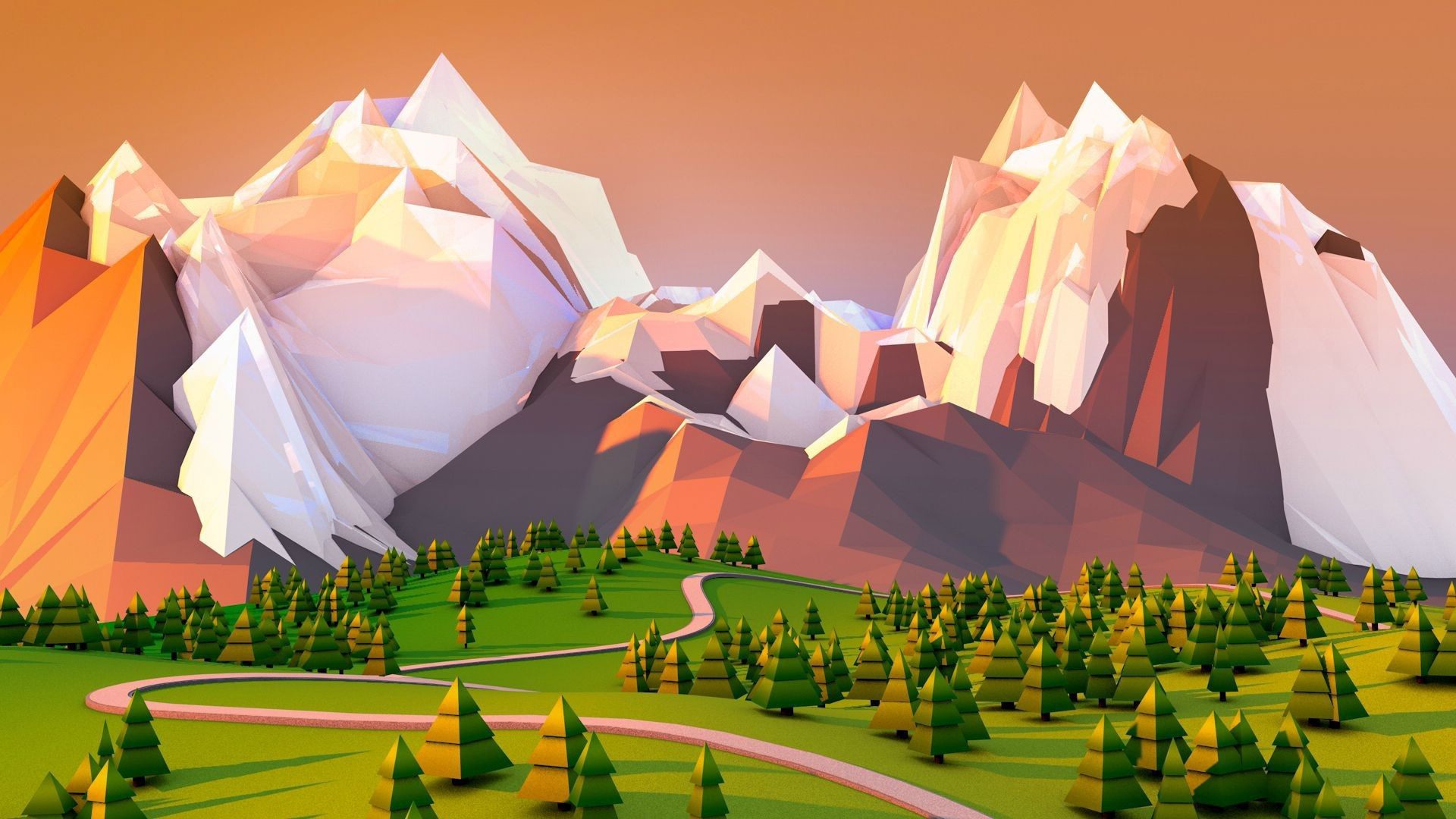 Low Poly Art Painting 3D Wallpaper Of Beautiful Landscape