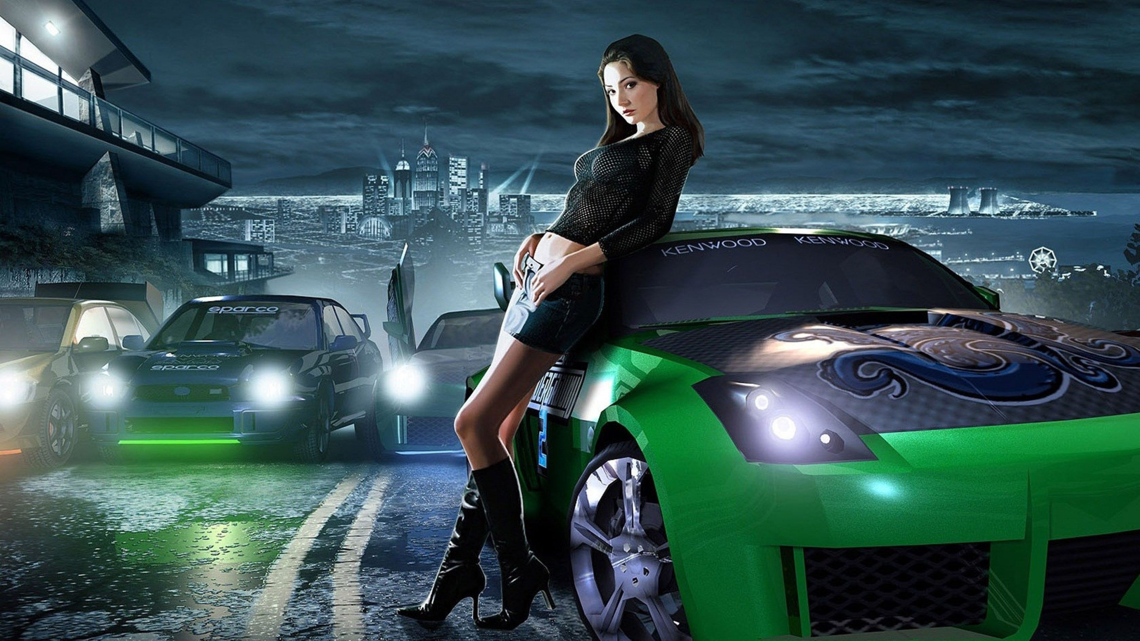 Download Wallpaper 3840x2160 Nfs, Need for speed, Girl, Car, City