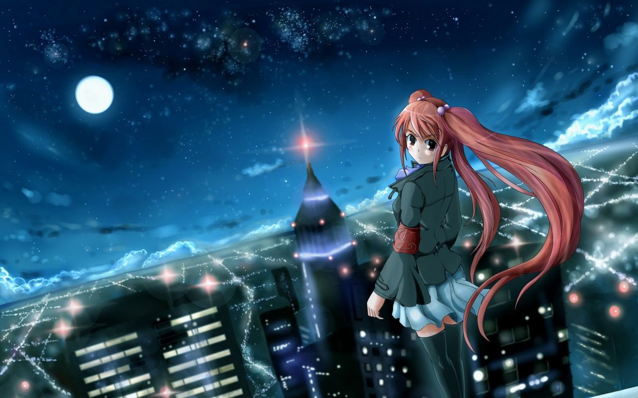 Download Wallpaper 1280x800 Anime, Girl, City, Night, Wind