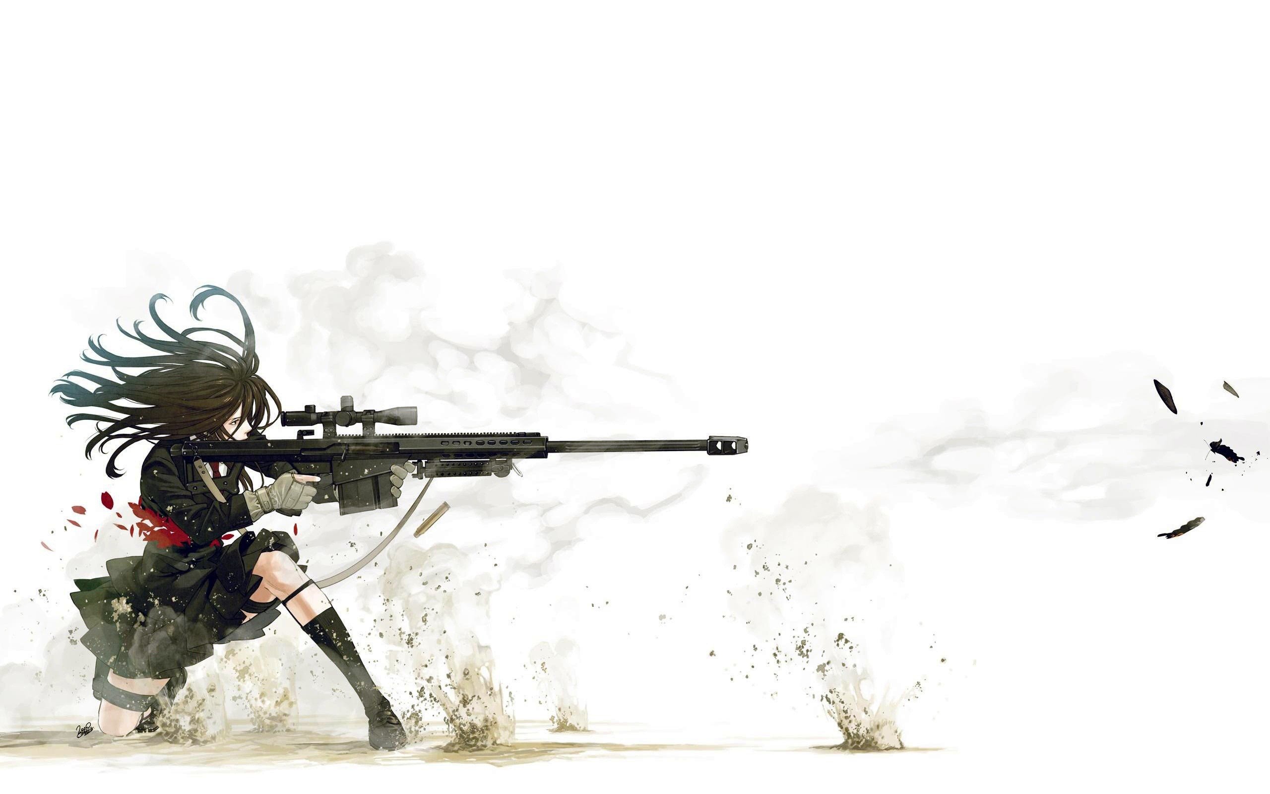 School uniforms snipers anime action simple background Kozaki