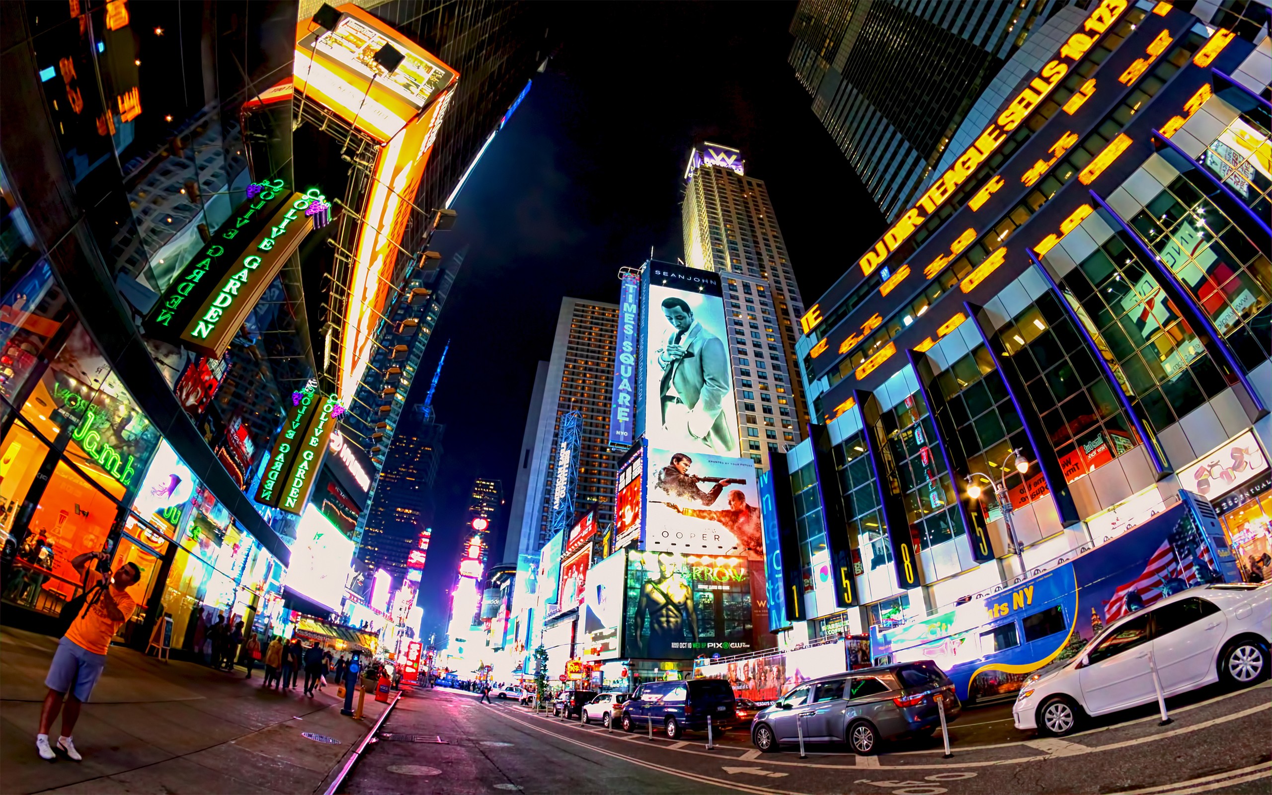 Times Square new york usa city cities neon lights traffic crowd ...