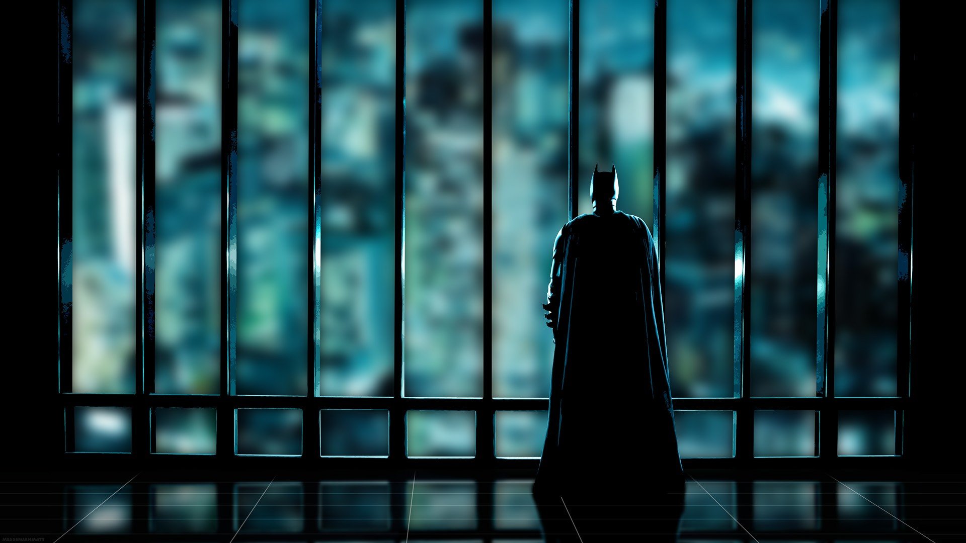 Batman silhouettes superheroes Gotham City window panes wallpaper ...