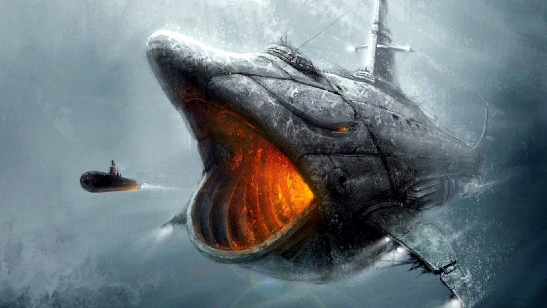 Submarine sharks nautilus drawings attack wallpaper | (65370)