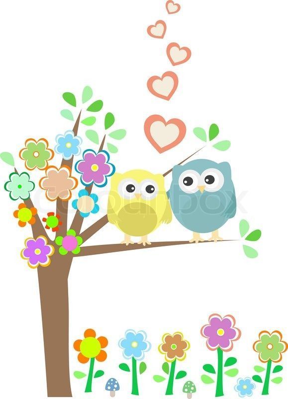Background with owls in love sitting on branch | Vector | Colourbox